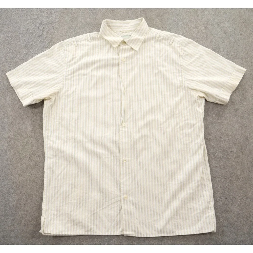 Banana Republic Shirt Mens Large 16.5 Beige Button Long Sleeve Cotton Striped